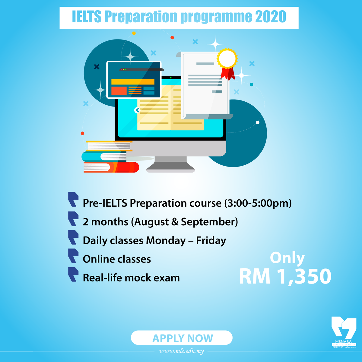 MLC_edu's tweet photo. IELTS Preparation programme 2020 🤩🤩

📍Pre-IELTS Preparation course (3:00-5:00pm)
📍2 months (August &amp; September)
📍Daily classes Monday – Friday
📍Real prep tests
🔵 Apply now 👇👇

💻 https://t.co/hErbJOGdJU
📧 info@mlc.edu.my
📞https://t.co/D7uPH46Yy9
#Learn_English https://t.co/9brXwHmu2v