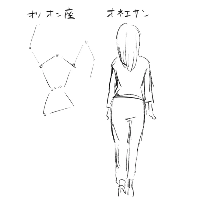 【日記ツイート】今日妻と出かけた時に、僕らの前を歩いてた人を妻が見て、
「あの人、すごくウエスト細いね」っていうので
「ホントだ。オリオン座みたいだね」
って返したら「例えのクセが強い」と怒られた。 