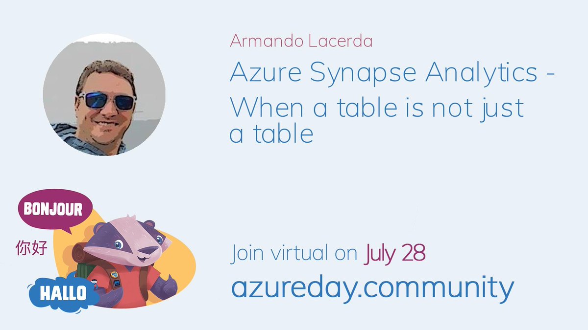 Msdev_PT's tweet photo. 🌏 Virtual Azure Community Day - 28 de julho - AMANHÃ
🙌 24 horas, 90 sessões
O @arlacerda conduz a sessão, em Português, Azure Synapse Analytics - When a table is not just a table!
11pm em PT, 7 pm em BR. Junta-te: https://t.co/L3PTUVNhqQ
#VACD #Developers #MSDEV_pt https://t.co/Bpb80XO4TT