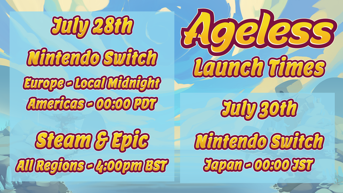 AgelessGame's tweet photo. Ageless launches on Nintendo Switch and PC tomorrow!​

​Prepare to put your platforming skills to the test, here are the release times for all regions! 🏹 https://t.co/EPBaHtQYDN