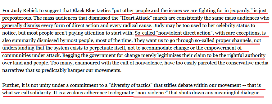 14/Here is Alex Hundert writing is rabble defending "a diversity of tactics" which is a euphemism for allowing violence at protests. Hundert explicitly states a commitment to non-violence is "dogmatic" and "stifles debate" about which tactics to use. https://rabble.ca/news/2010/03/defence-diversity-tactics