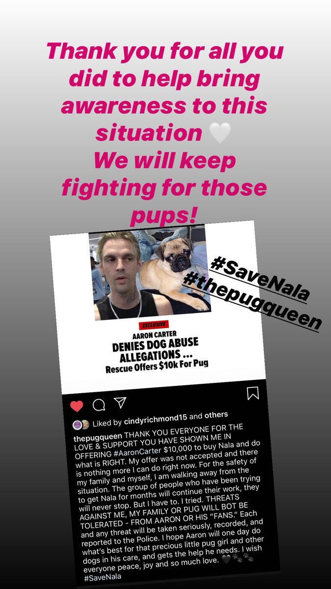 JennyB_11's tweet photo. #thepugqueen helped bring so much attention/awareness to this & I am so grateful! #AaronCarter & his fans continues to get away with threatening ppl to silence the truth๐ก
Many of us arenโt done fighting yet, we just getting started! #SaveZelda #SaveZeus #SaveNala #SaveGizmo https://t.co/fsGqrzzvOi