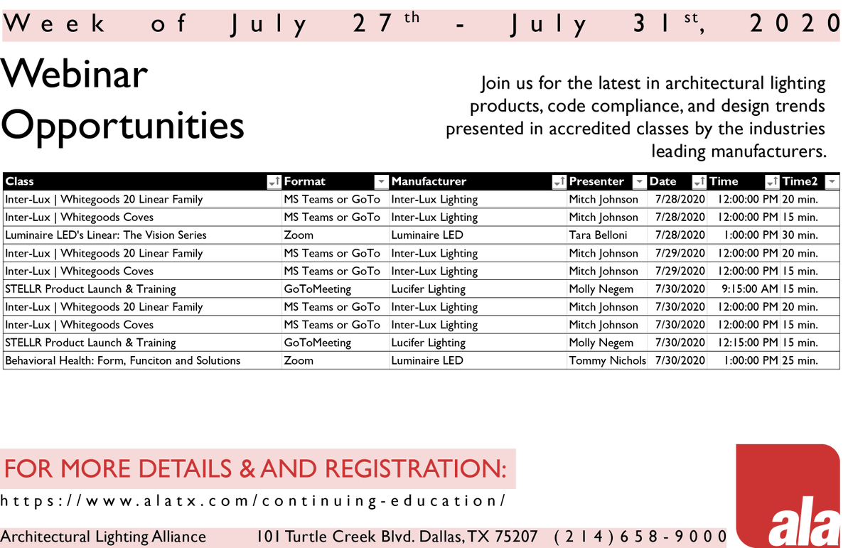 ala_dallas's tweet photo. Architectural Lighting Alliance (ALA) | Webinars for the
Week of July 27th
Check out the latest schedule for classes this week!
@Inter_lux
@AcuityBrands
@LuciferLighting
#AIA #CEUs #IALD #IES #IESNA #Learning #ContintuingEducation #HSW #Landscape #Architecture #Engineering https://t.co/Bx7KmRGlS7