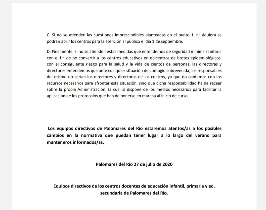 Comunicado de los equipos directivos de los centros docentes de infantil, primaria y secundaria de Palomares del Río.