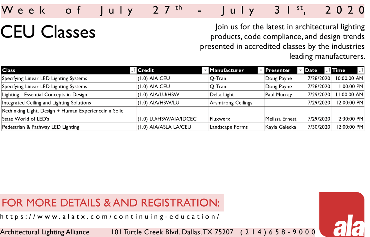 ala_dallas's tweet photo. @ala_dallas | CEU's for the
Week of July 27th.
Classes from:
@QTran_Inc
@DeltaLight
@fluxwerx
landscapeforms
armstrong ceiling
#AIA #CEUs #IALD #IES #IESNA #Learning #ContintuingEducation #HSW #Landscape #Architecture #Engineering https://t.co/eAopVj1iRG