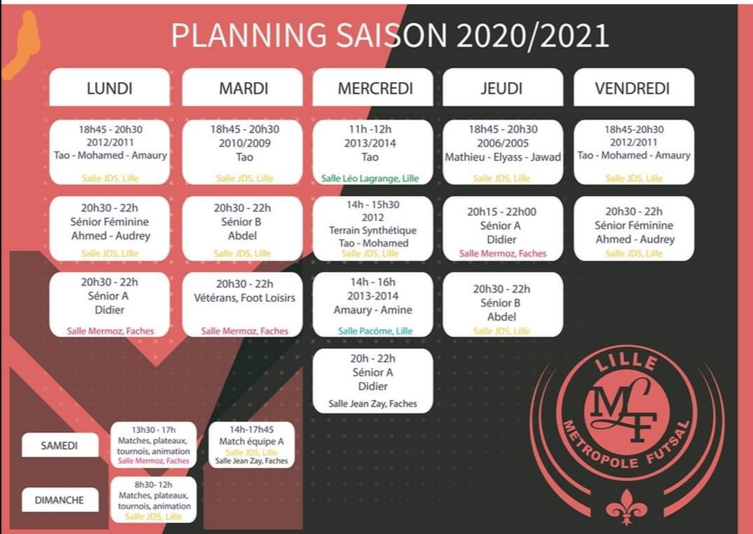 FutsalLille's tweet photo. 📅 Planning
⚽️ Saison 2020/2021

🤝 Merci à nos deux villes respectives, Lille et Fâches-Thumesnil pour la mise à disposition des salles durant toute la saison 2020-2021

😀 L’ensemble du club attend avec impatience le début de la nouvelle saison. https://t.co/WcBaZixCao