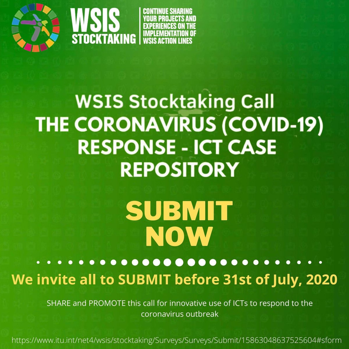 abenarr's tweet photo. How are you using #ICTs to help your community respond #COVID-19,As a part of the #WSIS Stocktaking efforts we invite you to make a submission before 31st of July  to promote the good use of ICT.Fill your submission form here: 
https://t.co/ov8GvEwk6T https://t.co/UDayQb1DoW
