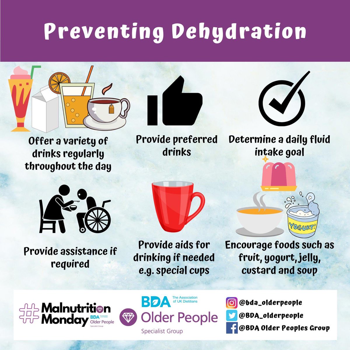 BDA_olderpeople's tweet photo. It’s #malnutritionmonday
Increasing assistance and the choice and availability of drinks can be helpful. Think about the temperature, taste and texture. Is the coffee too hot? Is the fruit juice too sweet? Is the milkshake too thick? #butfirstadrink #whatdietitiansdo https://t.co/OS228UqGV0