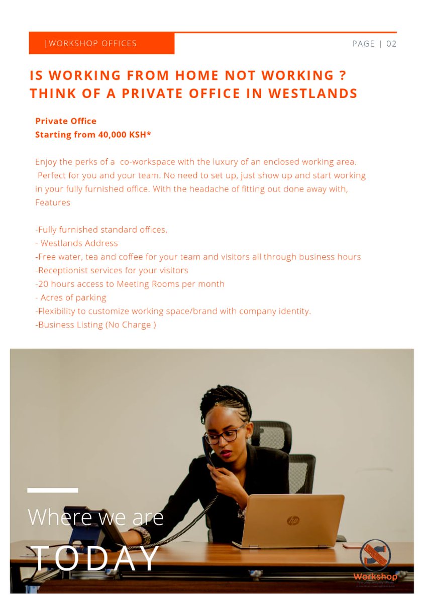 CheroMisoy's tweet image. The New Way to Work.😍😍😍
@ Workshop Nairobi
Private offices and virtual offices available in Westlands .Fully serviced spaces for your needs .Peep the amazing perks below.
Kindly RT,our clients might be on your TL #coworkspaces #virtualoffices
#westlands #Nairobi