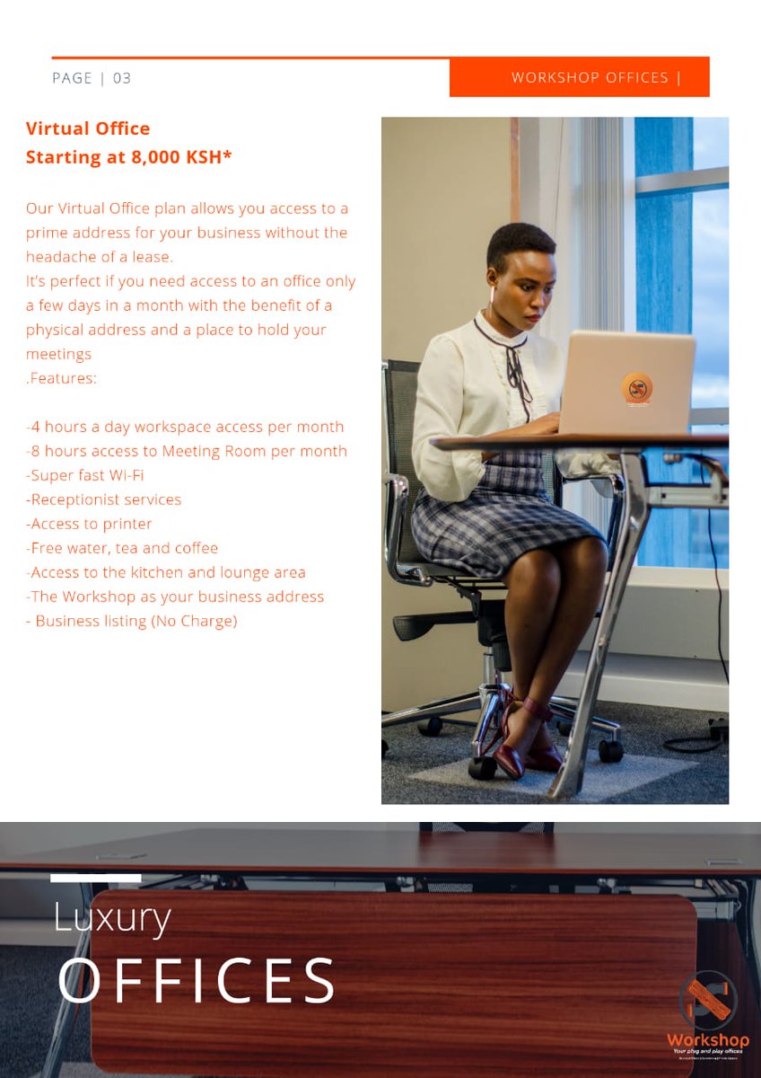 CheroMisoy's tweet image. The New Way to Work.😍😍😍
@ Workshop Nairobi
Private offices and virtual offices available in Westlands .Fully serviced spaces for your needs .Peep the amazing perks below.
Kindly RT,our clients might be on your TL #coworkspaces #virtualoffices
#westlands #Nairobi