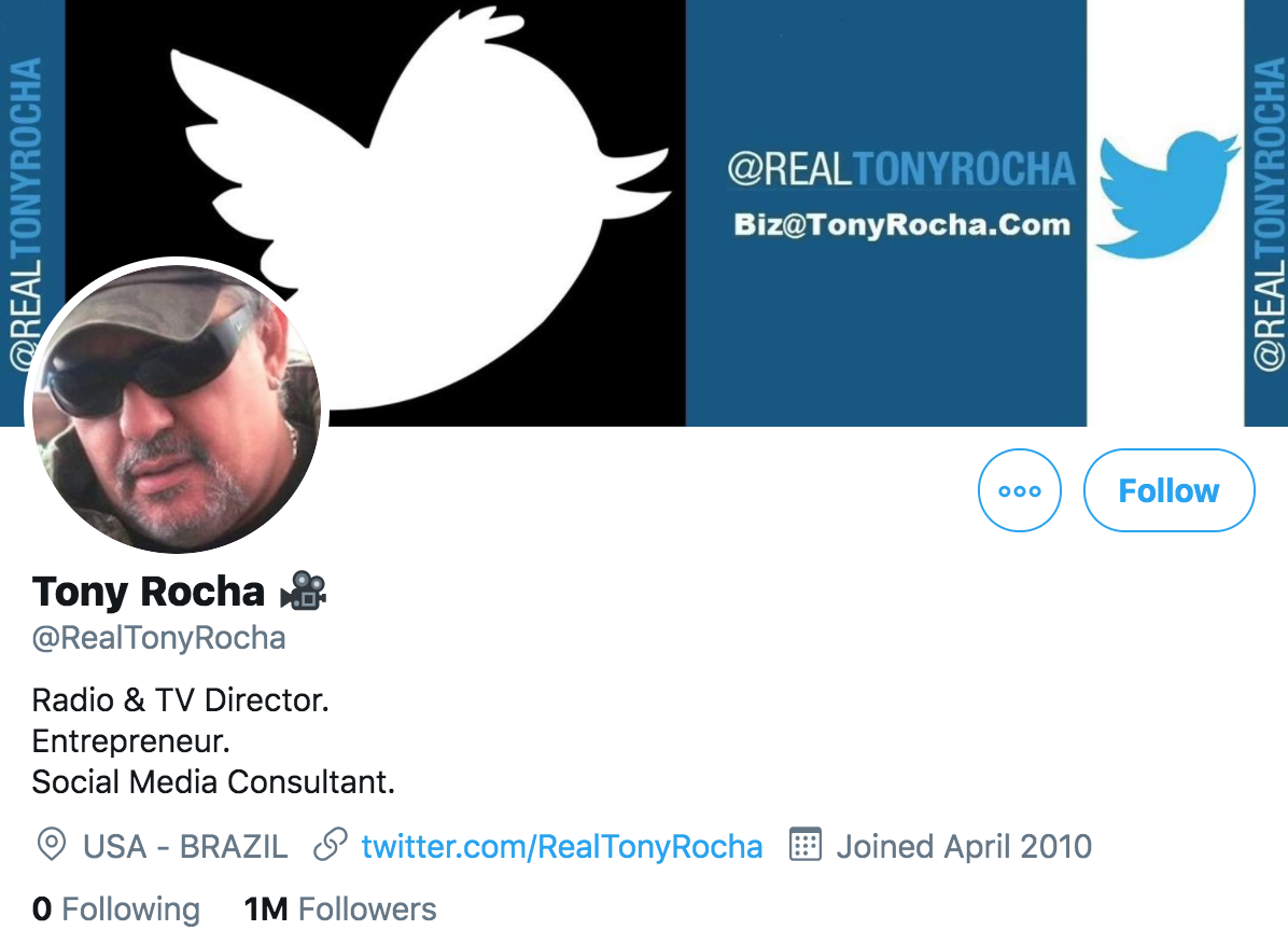 The account followed by the largest swath of this fake engagement network (612584 of 711727 accounts, 86.1%) is  @RealTonyRocha, a purported "social media consultant" with 1 million followers. The account's most recent tweets are from 2019 and were automated via dlvr(dot)it.