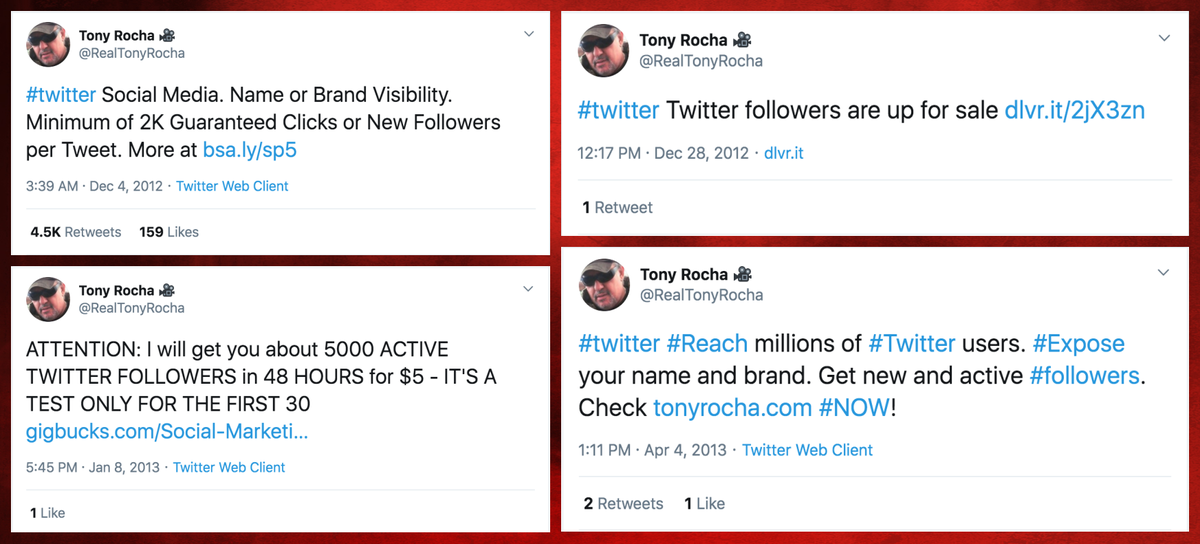 Although  @RealTonyRocha was unsearchable at the time we researched this botnet, we located some of its tweets indirectly via replies. It indeed appears to have been in the business of selling followers, corroborated by its (now-defunct) website. Not all customers were satisfied.