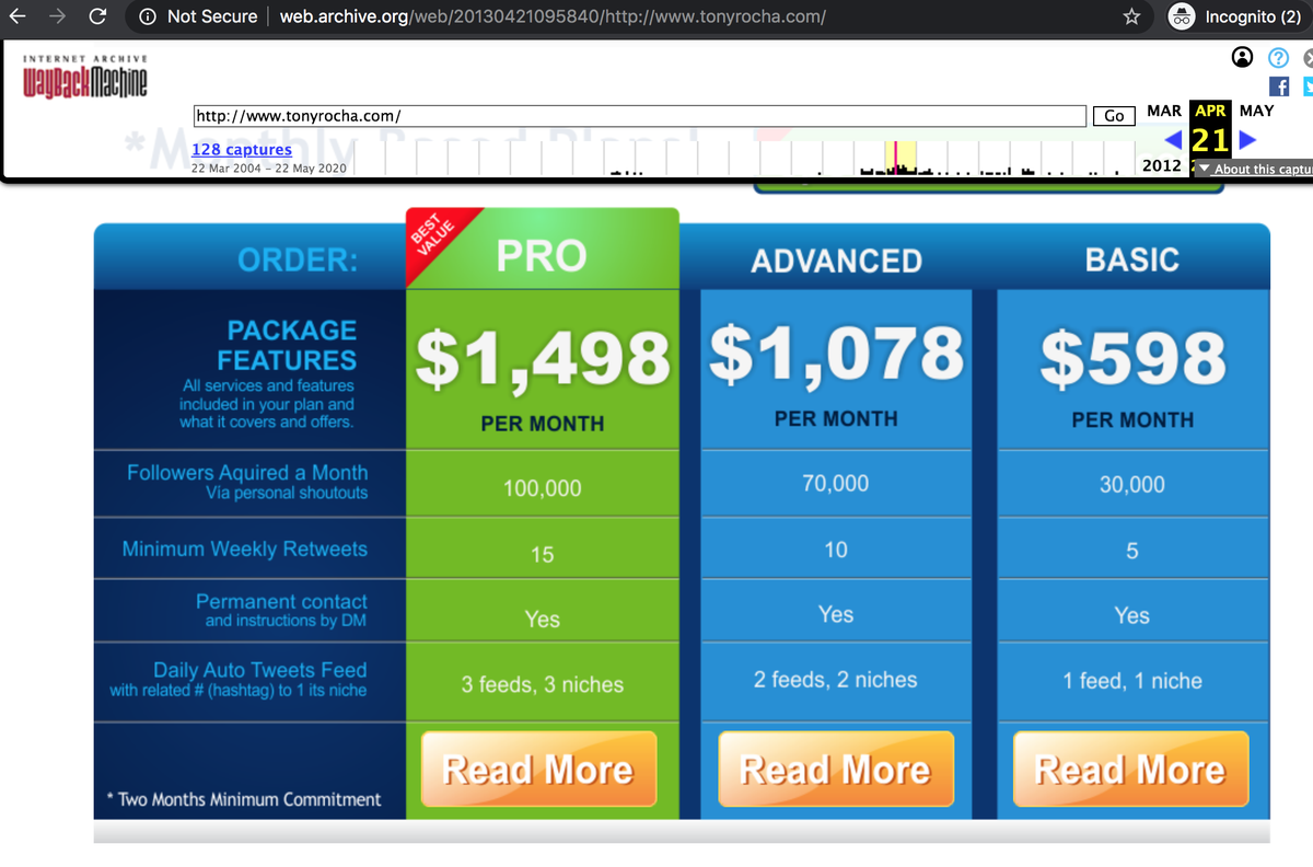 Although  @RealTonyRocha was unsearchable at the time we researched this botnet, we located some of its tweets indirectly via replies. It indeed appears to have been in the business of selling followers, corroborated by its (now-defunct) website. Not all customers were satisfied.