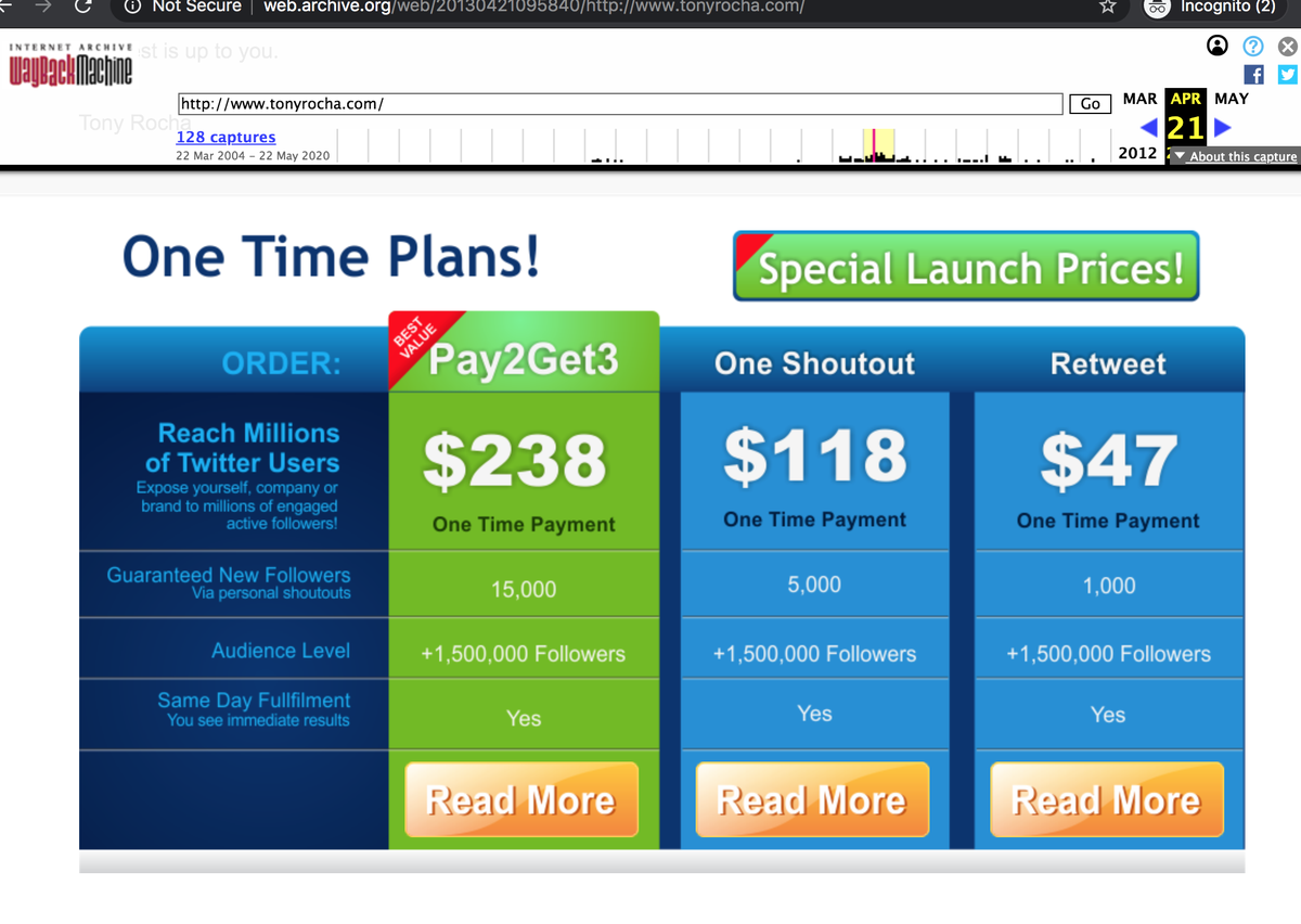 Although  @RealTonyRocha was unsearchable at the time we researched this botnet, we located some of its tweets indirectly via replies. It indeed appears to have been in the business of selling followers, corroborated by its (now-defunct) website. Not all customers were satisfied.