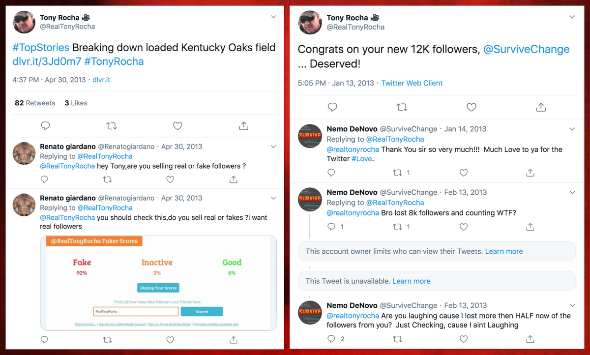 Although  @RealTonyRocha was unsearchable at the time we researched this botnet, we located some of its tweets indirectly via replies. It indeed appears to have been in the business of selling followers, corroborated by its (now-defunct) website. Not all customers were satisfied.