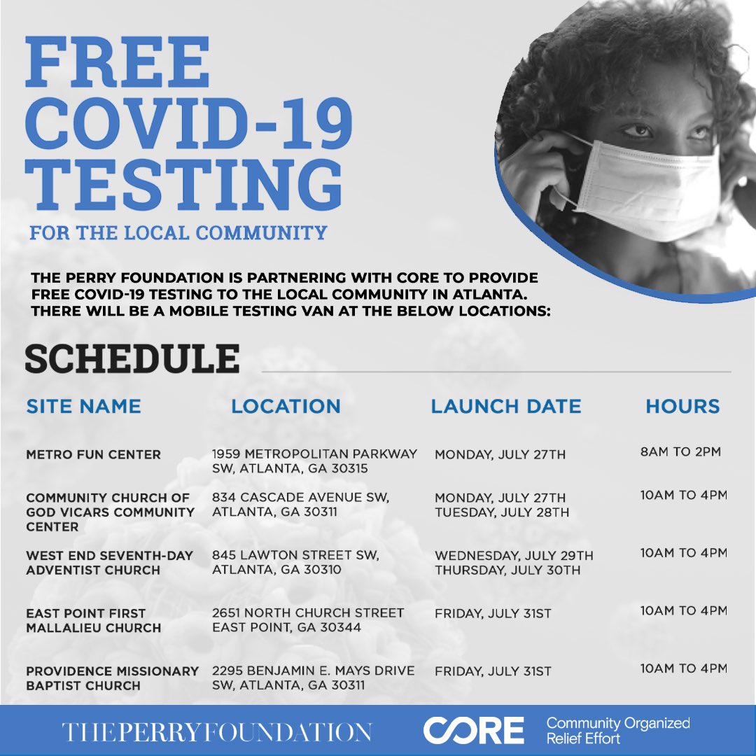 TPstudios's tweet photo. Testing locations for 7.27.20 - 7.31.20: 
The Perry Foundation has partnered with CORE to provide free COVID-19 testing to the local community in Atlanta. There will be a mobile testing van at the listed locations.
#PerryFoundation #TylerPerryStudios https://t.co/R2s9cMtpDU