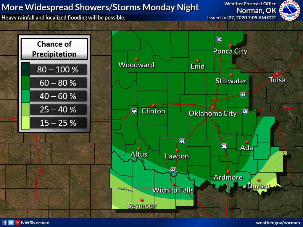 NWSNorman's tweet photo. Shower and thunderstorm chances will increase and spread south throughout the day today into tonight. Some of the stronger storms may produce gusty winds, but heavy rain that could lead to flooding in some areas is the main concern. https://t.co/QYgYSGWaIe