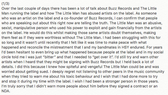 ejude9's tweet photo. This is a response to @JillKrajewski tweet from last week regarding Buzz Records and the toxic behaviour of the label boss. I'll be referring to this person as "The Little Man" in the following text. https://t.co/SPkUugaXgb