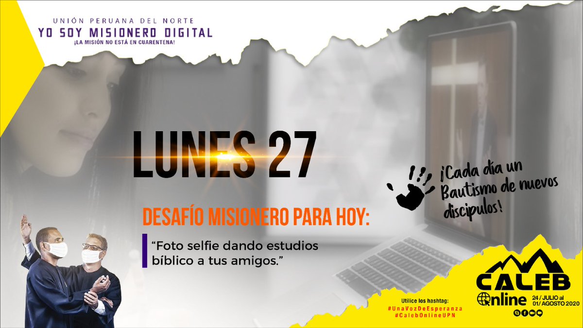 AdventistasUPN's tweet photo. 🚨 El desafío de hoy 👉🏻 Foto selfie dando estudios bíblicos a tus amigos 😀📸 Publica tus fotos con los Hashtags 📌 #CalebOnlineUPN y 📌 #UnaVozDeEsperanza 📲 Las mejores aparecerán en el #NotiCaleb en el cierre del sábado 1 Agosto. 📸🎥 https://t.co/FNHggJ0clH