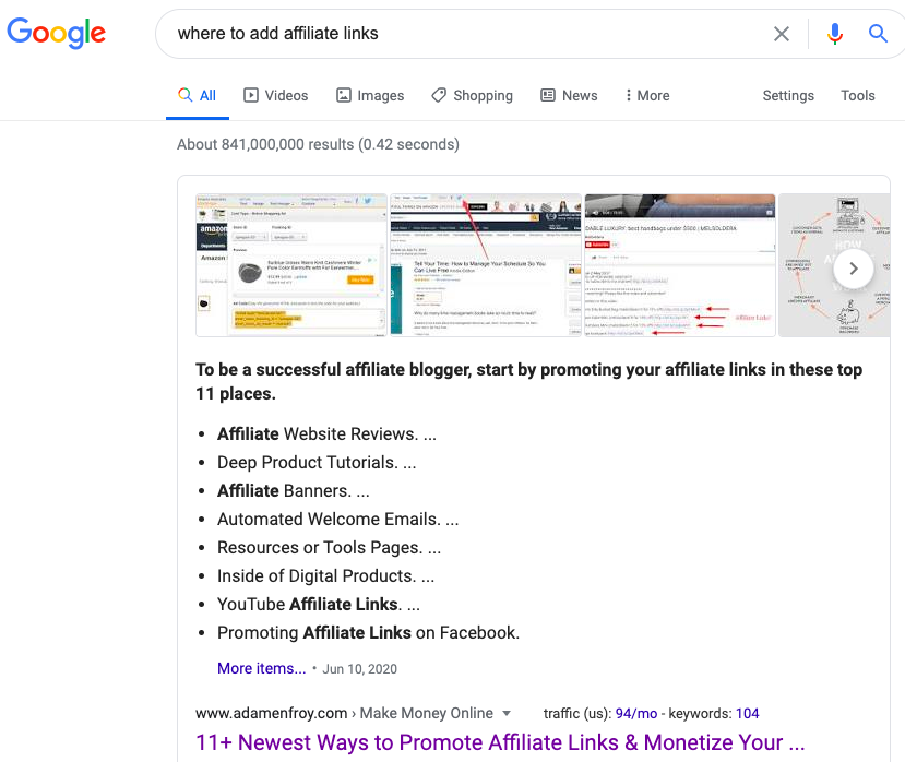 AdamEnfroy's tweet photo. This morning, I'm writing an outline for a guest post on where to add affiliate links.
I'm almost done and want to make sure I don't miss anything, so I pull some ideas from Google.
It took me way too long to realize I was brainstorming w/ myself/my own site. ๐๐ #blogception https://t.co/IYCjnfwFva