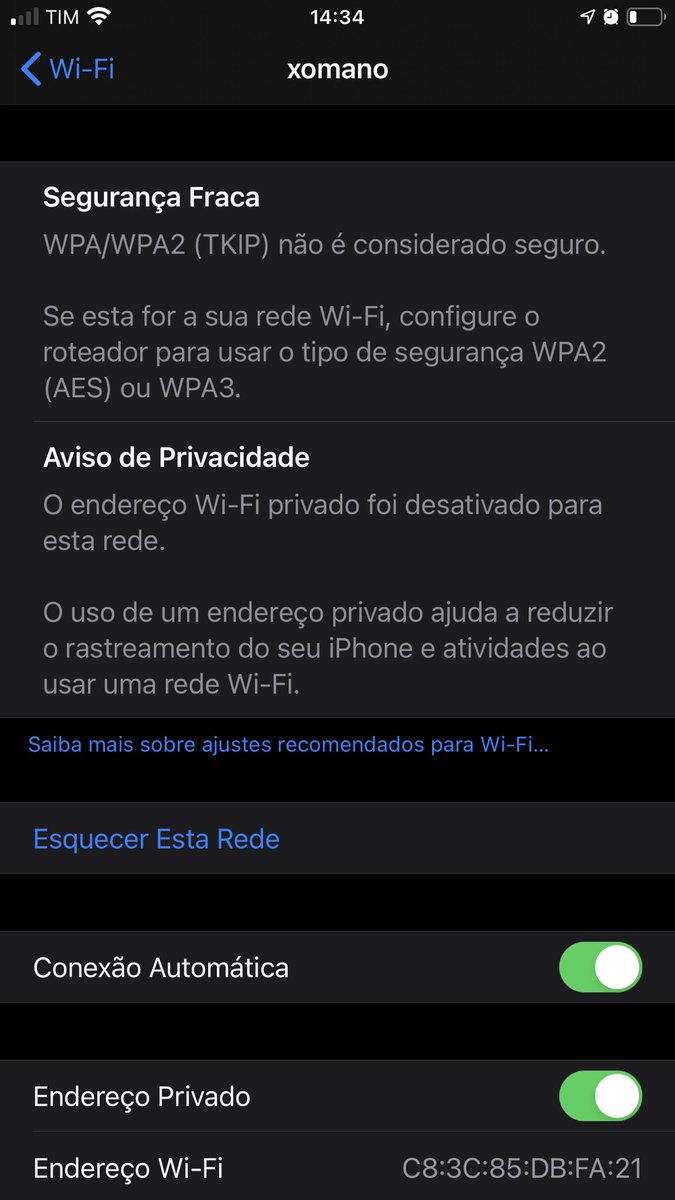 daniloGGA's tweet photo. @MacMagazine acho q isso é um novo dedo duro do iOS 14, troquei meu roteador por um mesh (Deco M4) da @TPLINK e o iphone diz q ele tem “Segurança Fraca” por causa do tipo de criptografia, tenho outros 2 iphones com iOS 13 na mesma rede e a msg não aparece. https://t.co/z7tCRursGJ