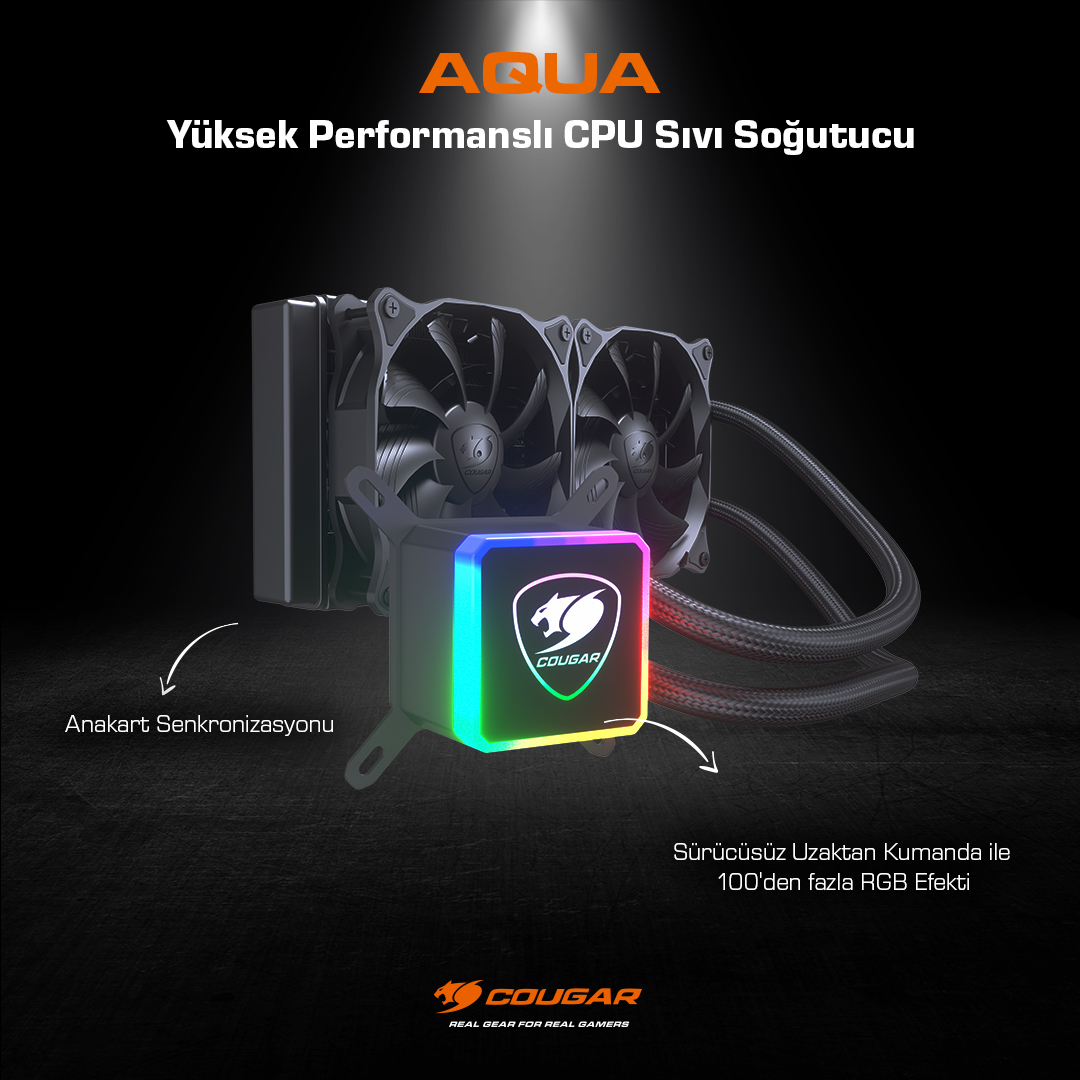 CougarTurkiye's tweet photo. Cougar Aqua, hepsi bir arada RGB sıvı soğutma serisidir.
Şaşırtıcı RGB görselleriyle güçlü CPU soğutma performansı isteyen oyuncular için mükemmel bir çözümdür. 
#cougarturkiye #cougaraqua #sıvısoğutma #aqua120 #aqua240 #tomshardware #gamer #gaming #lol #pubg #gamerpc https://t.co/RpOgz5T4iO