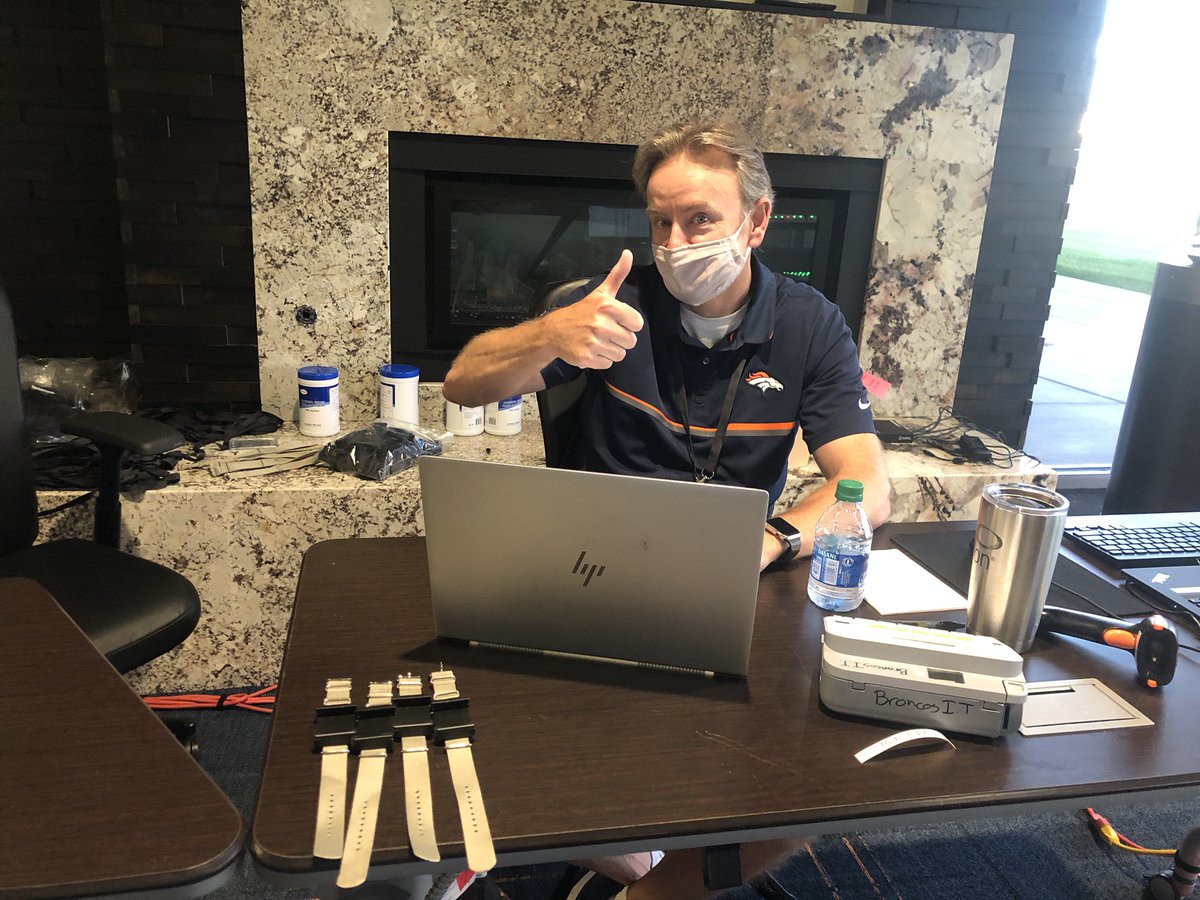 psmyth12's tweet photo. Starting today, every Broncos player, coach and football staffer will wear Kinexon SafeZone tags around their wrists for social distancing warnings and contact tracing information. https://t.co/Q8AJTYl4x8