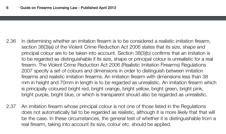 An imitation firearm must be of an unrealistic size or painted in a bright colour.The above appears to be a WE Glock, the problem is... the bright blue makes up much less than 50% of this IF - frankly making it a RIF. The principle colour here, frankly, is black. /3