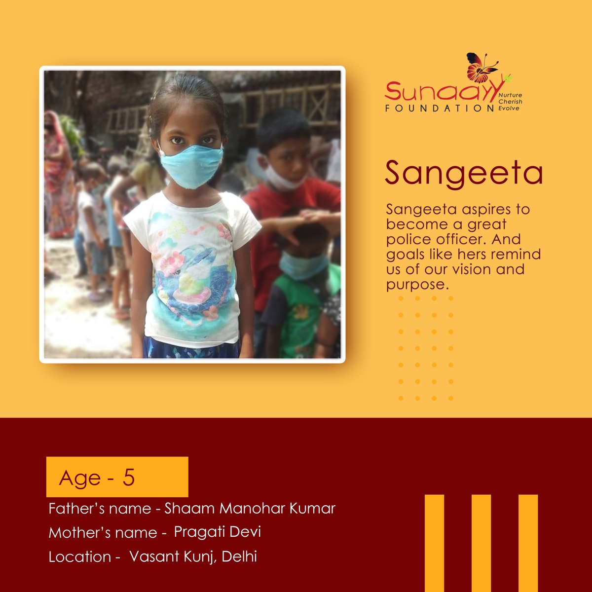 NishVishwa's tweet photo. Sangeeta, a 5 y/o girl associated with Sunaayy for the past three years, and her family shed light on the relationship between the foundation and the associated families. She is safe,provided with meals and getting proper education at school. #children #help #support #nonprofit https://t.co/6MOlJMIcir