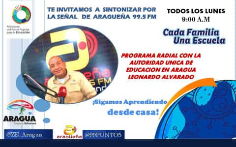 Te Invitamos a Sintonizar por la Señal de Aragueña <a href="/99punto5/">Aragüeña 99.5 FM</a>  FM a las 9:00am  <a href="/leoalvacabrera/">Prof. Leonardo Alvarado</a> <a href="/CRIFPMA/">CRIFPMA</a> @ZE_Aragua