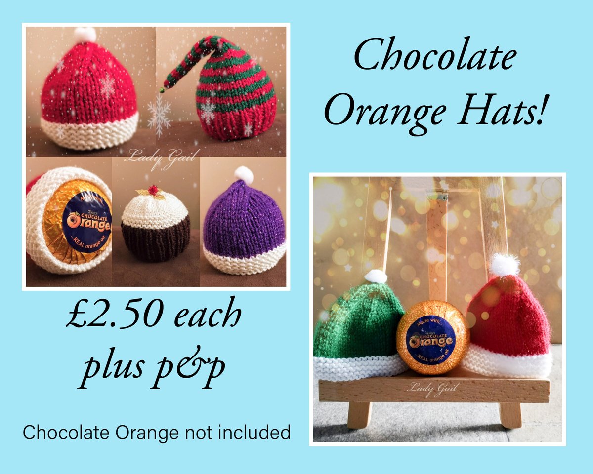 GailPoems's tweet photo. Christmas in July!
Perfect stocking fillers.
Cute little hats to hide your oranges in. From elf style hats to Christmas puddings and bobble hats.
#htlmp #StockingFillers #ChristmasInJuly #ChocolateOranges https://t.co/DqWTCqRXun