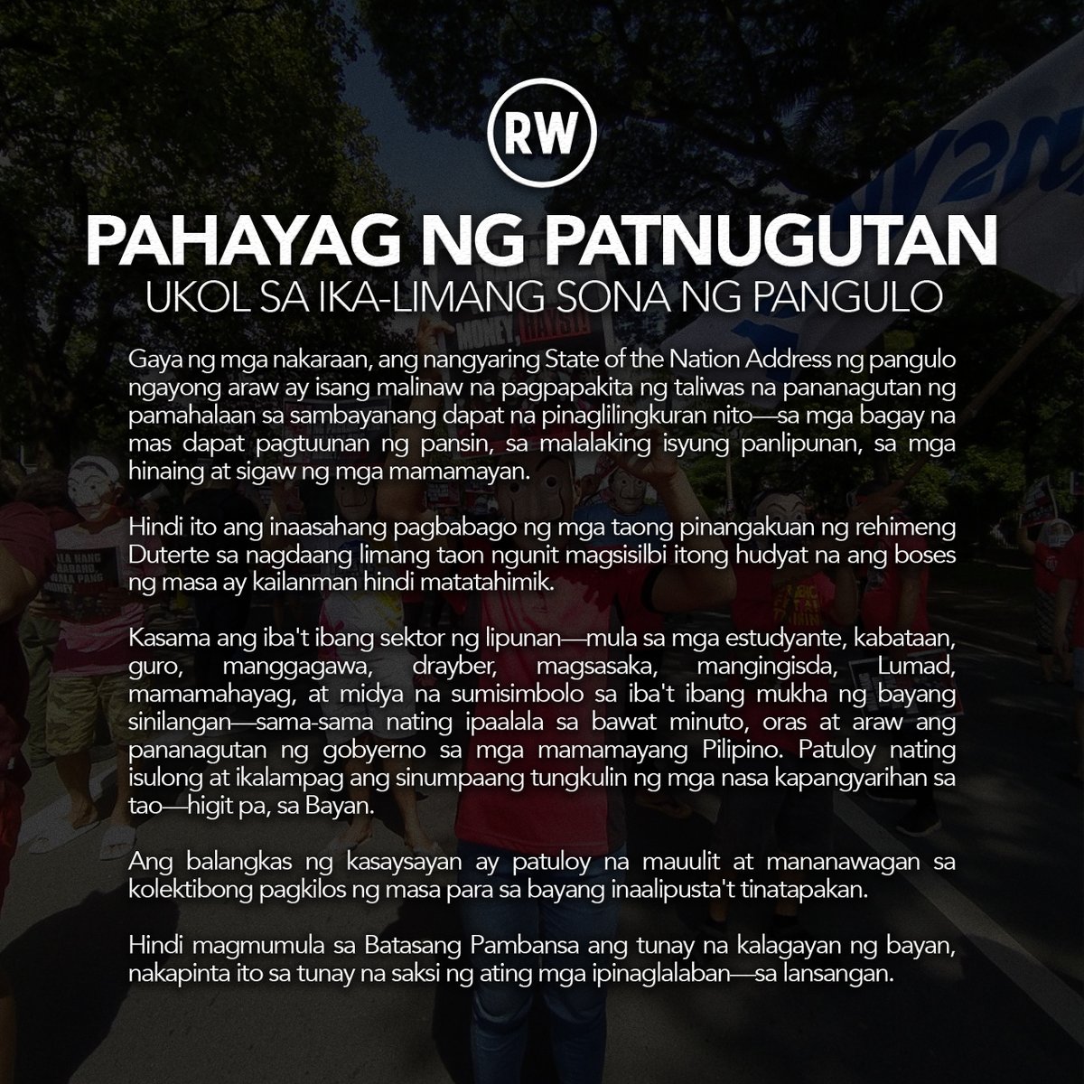 RWconnects's tweet photo. Hindi magmumula sa Batasang Pambansa ang tunay na kalagayan ng bayan, nakapinta ito sa tunay na saksi ng ating mga ipinaglalaban—sa lansangan.

#BeyondConnections #SONA2020 #SONAgKAISA #WakaSONA2020 https://t.co/uibKQWfSKJ