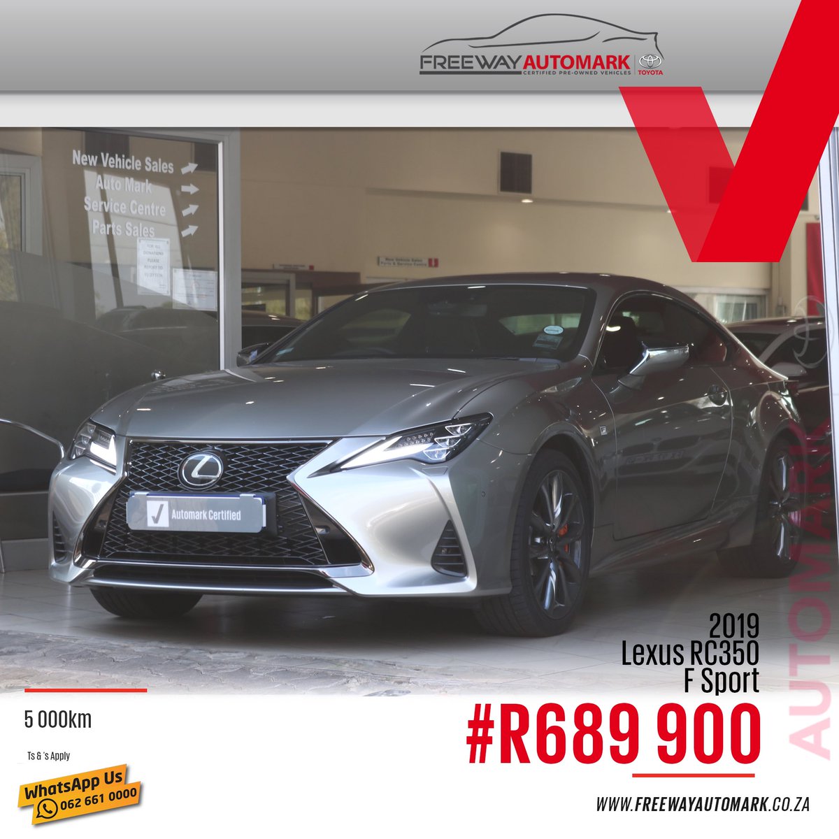 Freeway_Group's tweet image. 2019
Lexus RC 350
F-Sport
5000km
Price: R689 900

T’s &amp;amp; C’s apply

freewayautomark.co.za

Whatsapp📱us on 062 661 0000⁣
Or⁣
Call ☎️ us on 011 661 0000⁣
⁣
#FreewayGroup #FreewayAutomark #Automark #UsedCars #PreOwned #Lexus #LexusRC350 #RC350 #RC350FSport #FSport