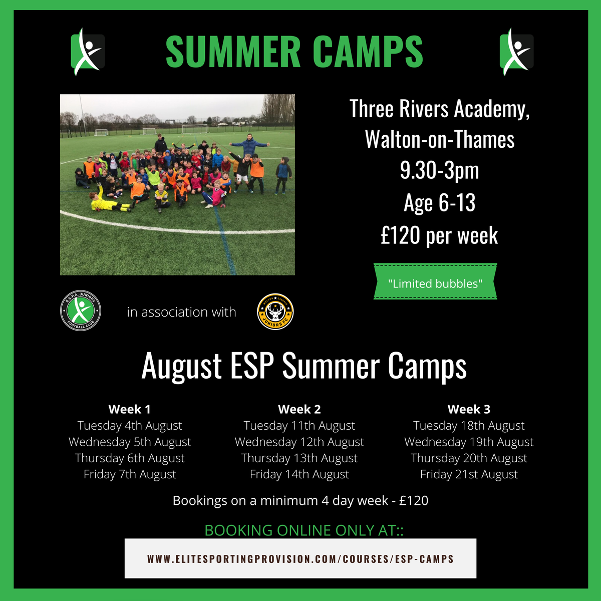 ⚽️ Are your little ones itching to get back out on the football field? ⚽️
We have limited spaces available for our August holiday camps running at Three Rivers Academy in Walton-on-Thames.
Book online at: >> bit.ly/2VUeNjI
#elitesportingprovision #augustcamp #summercamp