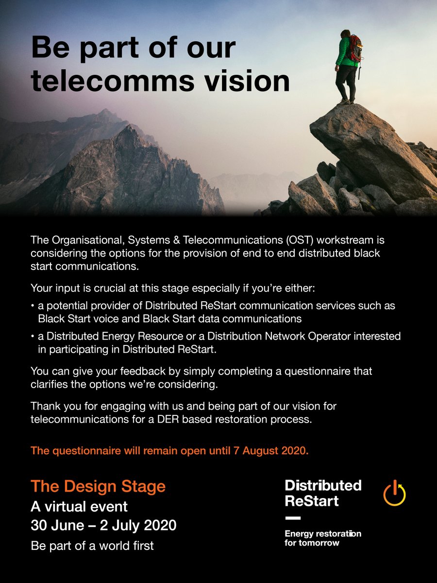 TNEIServices's tweet image. Are you a potential provider of #DistributedReStart communication services or a Distributed Energy Resource or a Distribution Network Operator interested in participating in Distributed ReStart? Your feedback is crucial! Take part: bit.ly/301SZVx @ng_eso @SPEnergyNetwork