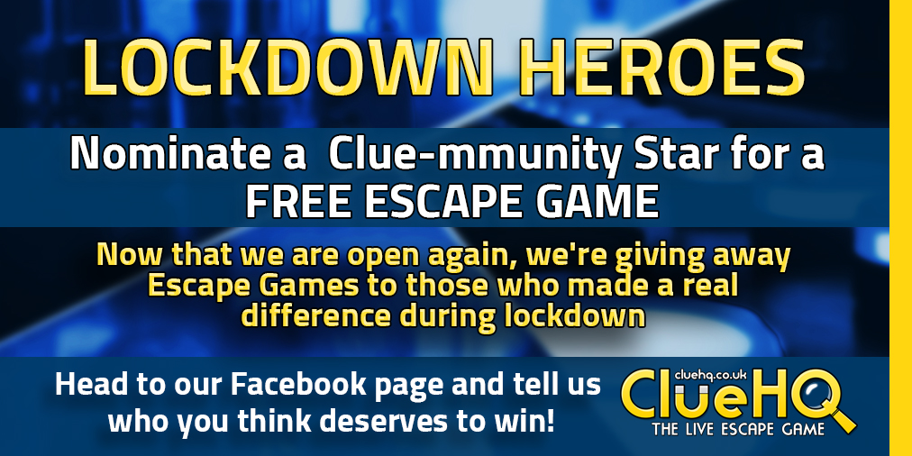 ClueHQBham's tweet photo. We want to give back to those who've been a real hero during the Lockdown and so are giving away FREE Escape Games. Whether they're a key worker, or have just gone above and beyond in their community, nominate them on our facebook page - https://t.co/uCT9X18V7E https://t.co/oIYbIS8psW