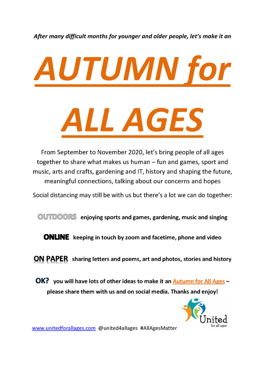 This autumn let's bring more older and younger people together to share activities and experiences and reduce loneliness and ageism. AUTUMN for ALL AGES is encouraging intergenerational projects to get involved across the country as lockdown eases. #AllAgesMatter