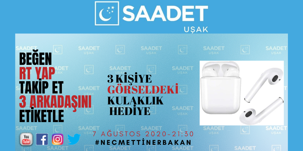 Saadetusak64's tweet photo. Kaldığımız yerden devam ediyoruz.Bayram sonrası ilk hediyeniz bizden.

Beğen
RT Yap
Takip Et
3 Arkadaşını Etiketle

 Sonuçlar ;
07.08.2020 21:30

#saadetpartisi
#necmettinerbakan
#7 ağustos
#yks2020
#sondakika
#altın

Herkese bol şanslar arkadaşlar. https://t.co/tSwQl3gpqc
