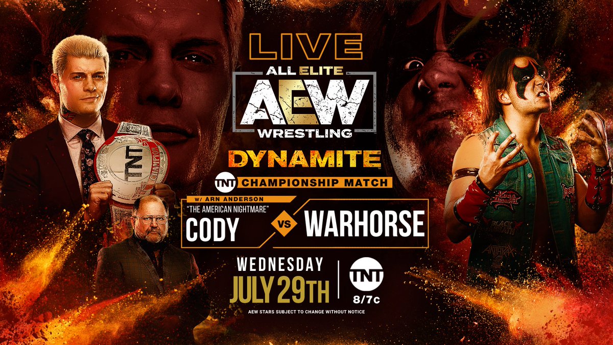 AEW's tweet photo. You asked for it. You got it.
This Wednesday on Dynamite - @CodyRhodes defends his TNT Championship against the challenger @JPWARHORSE.
Watch #AEWDynamite every Wednesday night on @TNTDrama 8e/7c or https://t.co/GdI7QAsxEP for our International fans. #AEWonTNT https://t.co/uiQ1XkoZAq