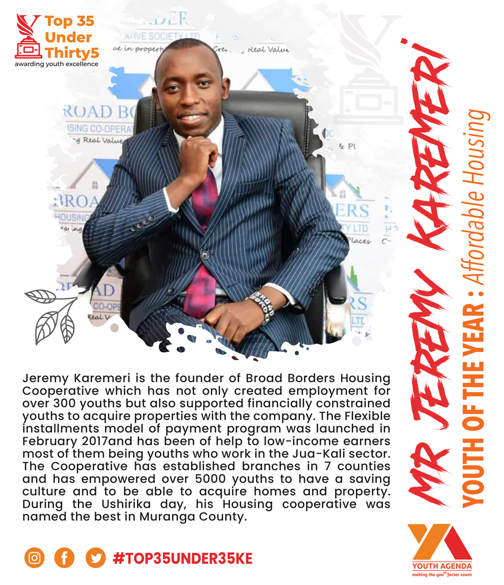 Enabling property acquisition through flexible installment payment models,creating employment opportunities for youth
#top35under35ke #awardyouthexcellence 
<a href="/HousingUrbanKE/">State Dept for Housing and Urban Development KE</a> <a href="/SDY_Ke/">State Dept for Youth Affairs & Creative Economy</a> <a href="/SDGsKenyaForum/">Coalition for Sustainable Development</a> <a href="/MoICTKenya/">Ministry of Info, Comms & The Digital Economy KE</a> <a href="/WorldBankKenya/">World Bank Kenya</a> <a href="/UNDPKenya/">UNDP Kenya</a> <a href="/USAIDKenya/">USAID Kenya</a> <a href="/Consumers_Kenya/">Consumer Grassroots</a> <a href="/MastercardFdn/">Mastercard Foundation</a>