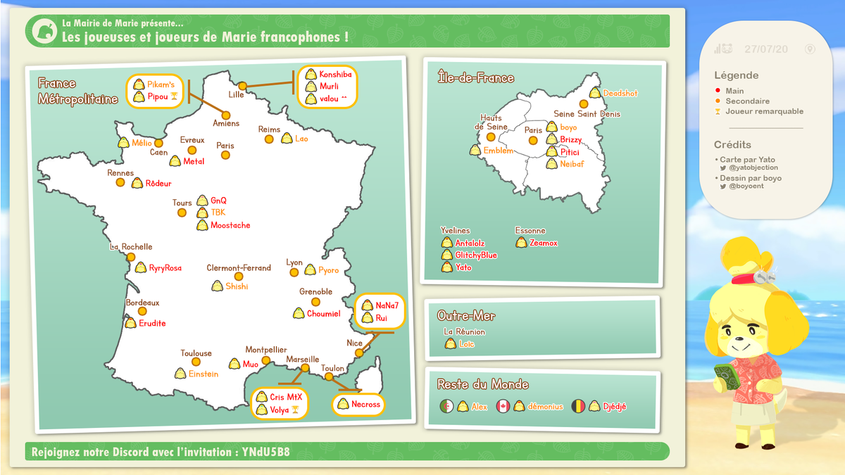 yatobjection's tweet photo. Salut à toutes et à tous ! Elle est enfin là, je vous propose la carte des Marie francophones dans le thème New Horizons.

Merci à @boyoent pour le dessin de Marie. N'hésitez pas à nous rejoindre sur le MarieCord avec l'invitation : YNdU5B8.

À très vite ! https://t.co/gEP6vb3cqL