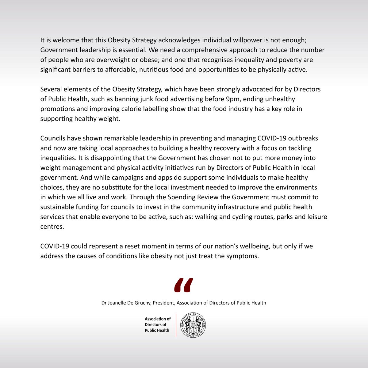 ADPH President, <a href="/Jeanelleuk/">Jeanelle de Gruchy</a> responds to the Government Obesity Strategy, which has been published today