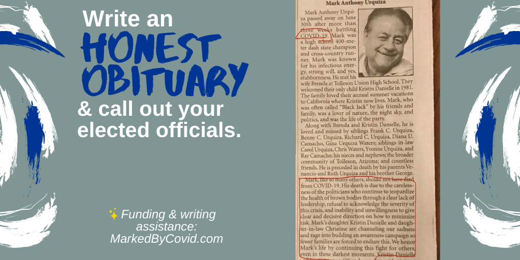 MarkedByCovid's tweet photo. Call to action: Make sure our leaders cannot ignore our calls for better covid protections. Share your story, write an #HonestObit, or join us in a Day of Action on Aug 13.

Details in our new #MarkedByCovid Action Toolkit: https://t.co/C601IEQZS9.

LIKE &amp; RT to spread the word. https://t.co/8JJKvFPQ1M
