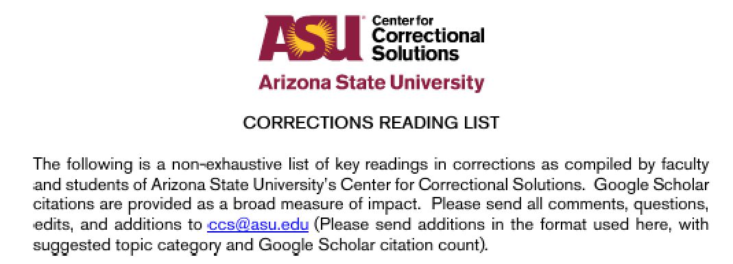 Updated reading list with 65 new works including <a href="/kjerstilohne/">Kjersti Lohne</a> <a href="/LeahCButler/">Leah Butler</a> <a href="/PhilippaTomczak/">Professor Philippa Tomczak</a> <a href="/kimdavidson4/">Kim Davidson, Ph.D.</a> <a href="/abbie_henson/">Dr. Abigail Henson</a> @_andreanmontes <a href="/rachel_severson/">Rachel Severson</a> @brae_young @ktwolff11 <a href="/elizabhinton/">Elizabeth Hinton</a> <a href="/profbyrne/">James Byrne</a> <a href="/sdewittiii/">Dr. Samuel DeWitt</a> <a href="/Christianesch1/">Christiane Schwarz</a> <a href="/JessGrosholzPhD/">Dr. Jess Grosholz</a> !

ccj.asu.edu/ccs/correction…