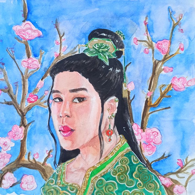A painting of Jimin in beautiful green robes with earth kingdom insignia against a backdrop of cherry blossoms