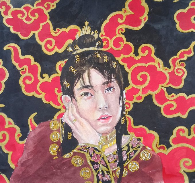 A young Jeongguk in full fire nation regalia, staring wistfully at the viewer