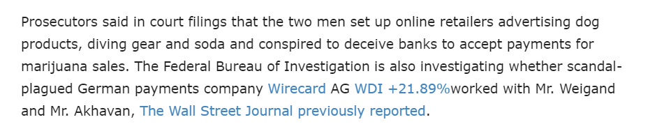 FBI is still investigating if the 2 suspects also worked with Wirecard.If you're not familiar with this case it has caused major ripples across Europe into the ME & Asia. With the UK freezing all of the merchant accounts to figure out what was going on.  https://twitter.com/DawsonSField/status/1279463697866522625?s=20