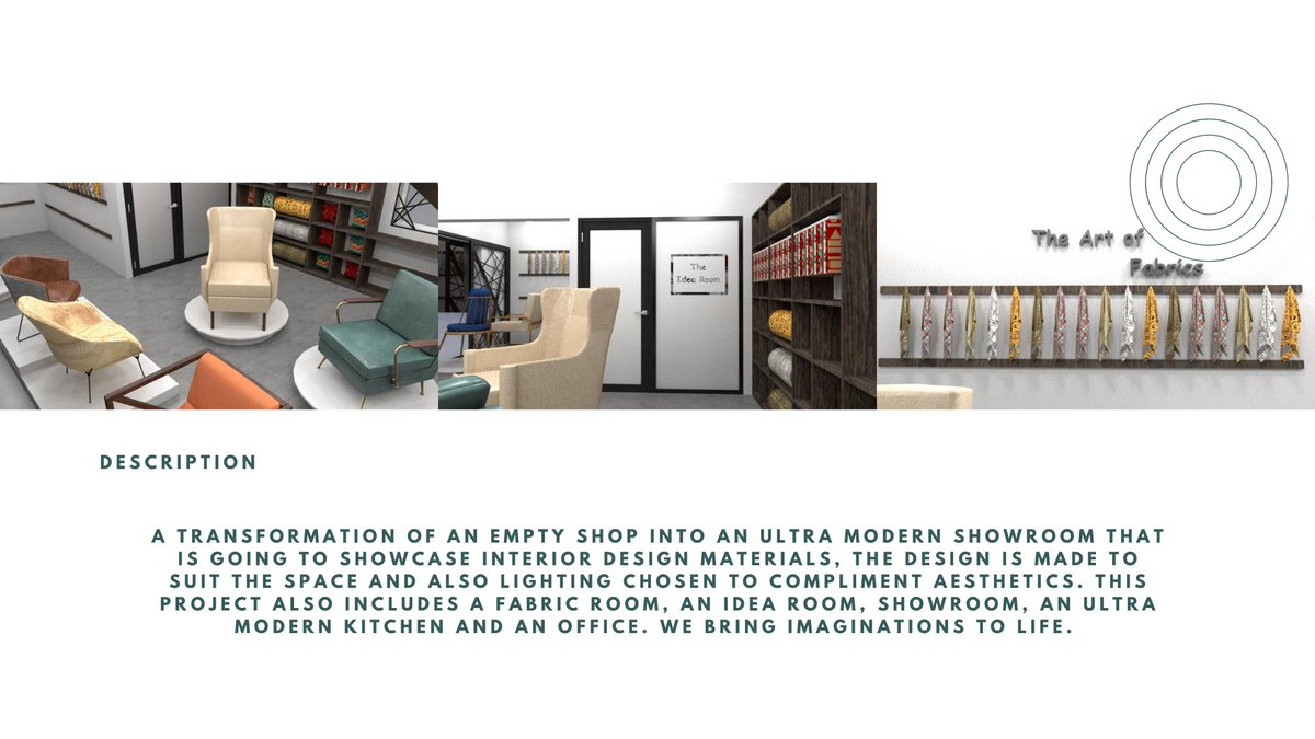 Builderproject1's tweet photo. A transformation of an empty shop into an ultra modern showroom that will showcase interior design materials, the design is made to suit the space complementing aesthetics.
It includes a fabric room, an idea room, showroom, ultra modern kitchen and an office.
#Builderproject https://t.co/BL2FIB1Gyr