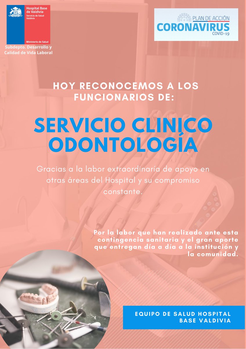 H_BaseValdivia's tweet photo. Cada Equipo de Trabajo que conforma al Hospital Base Valdivia permite que cada desafío sea enfrentado con profesionalismo y vocación de servicio. HOY reconocemos y agradecemos al Servicio Clínico de ODONTOLOGÍA 🦷 

#Chile #valdiviacl #ElRanco https://t.co/rrvR0Bhx0G