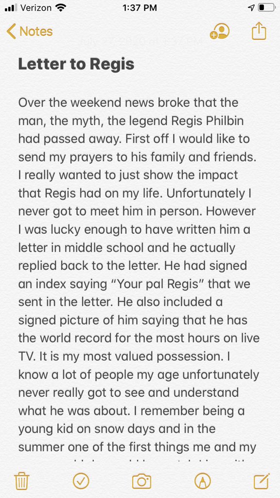 Buzzanitor's tweet photo. This weekend news broke the man I aspire to be, Regis Philbin had passed away. Here is an open letter I wrote about the impact he had on me and my life. My only wish from this is to hopefully inform his family of the impact the great Regis Philbin had on me. https://t.co/jWadJShV1b